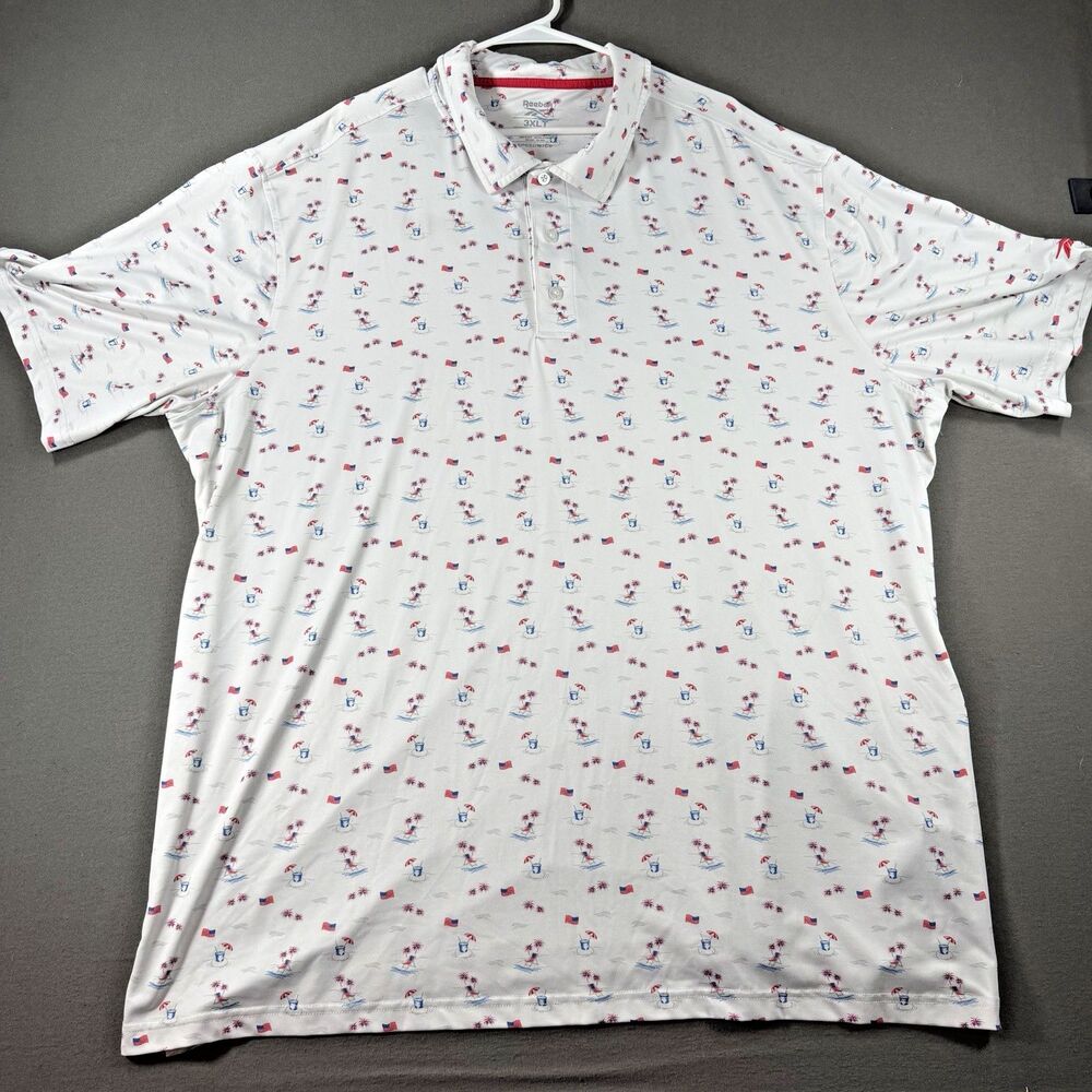 Reebok Polo Shirt Mens 3XLT White Speedwick Golf Performance USA July 4th Flag